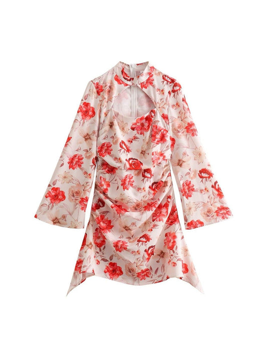 Floral Print Hollow Out Cutout Short Dress