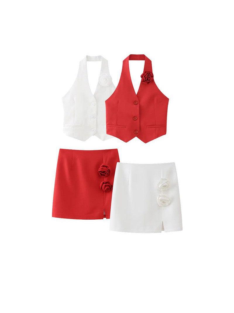 Red & White Halterneck Crop Waist Coat Vest & Skirt Coord Set