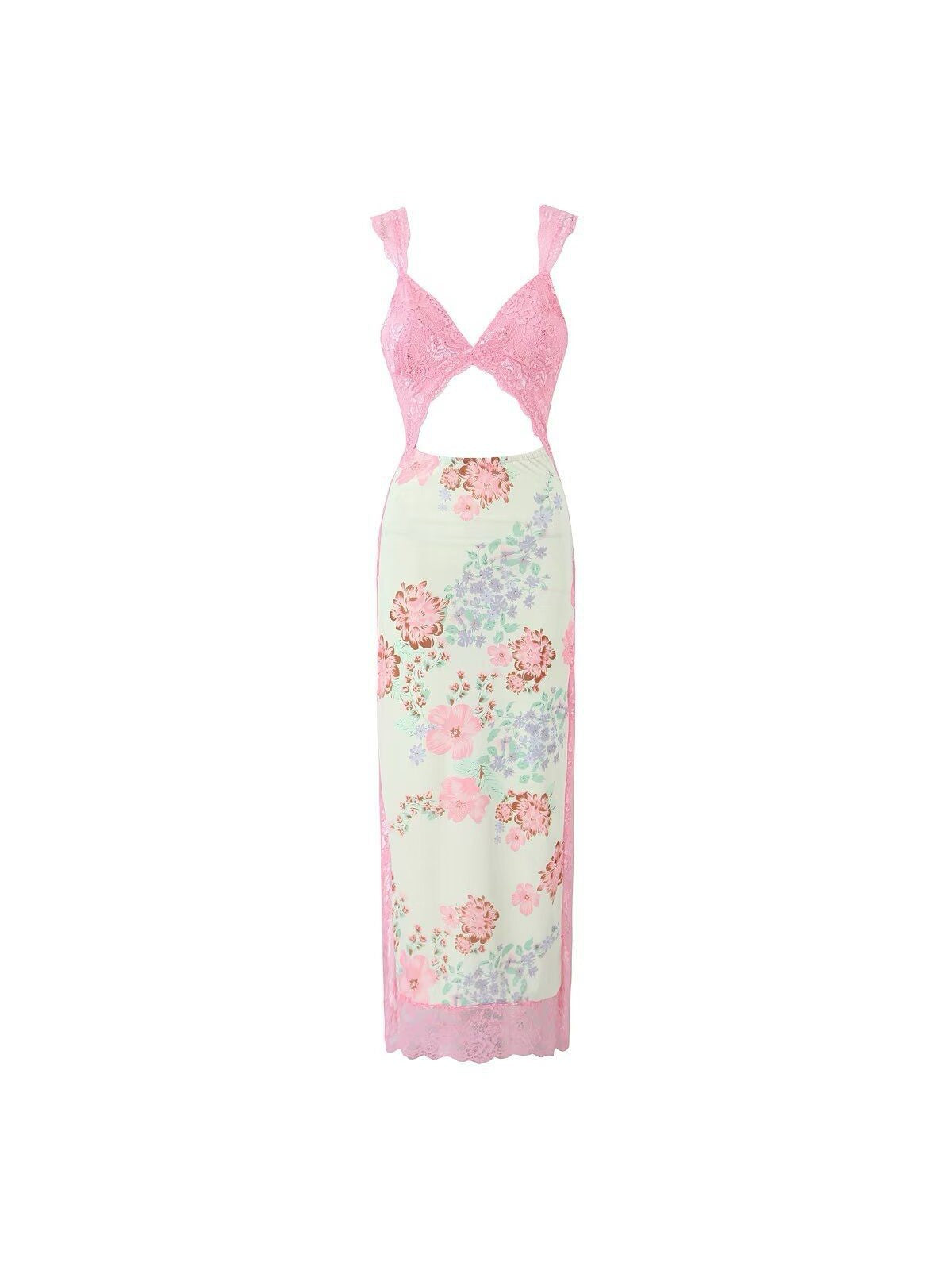 Hollow Out V Neck Lace Floral Print Dress