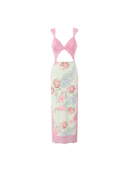 Hollow Out V Neck Lace Floral Print Dress