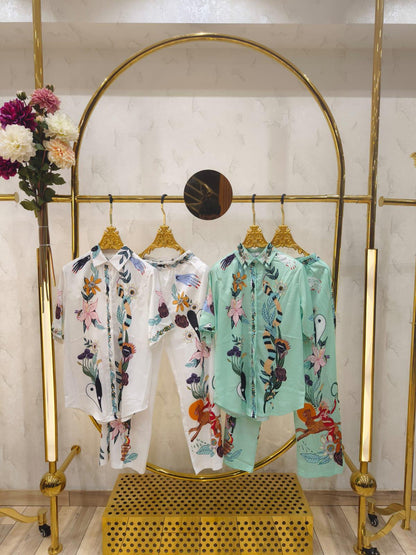 Graffiti Print Satin Short Sleeve Shirt & Pant Coord Set