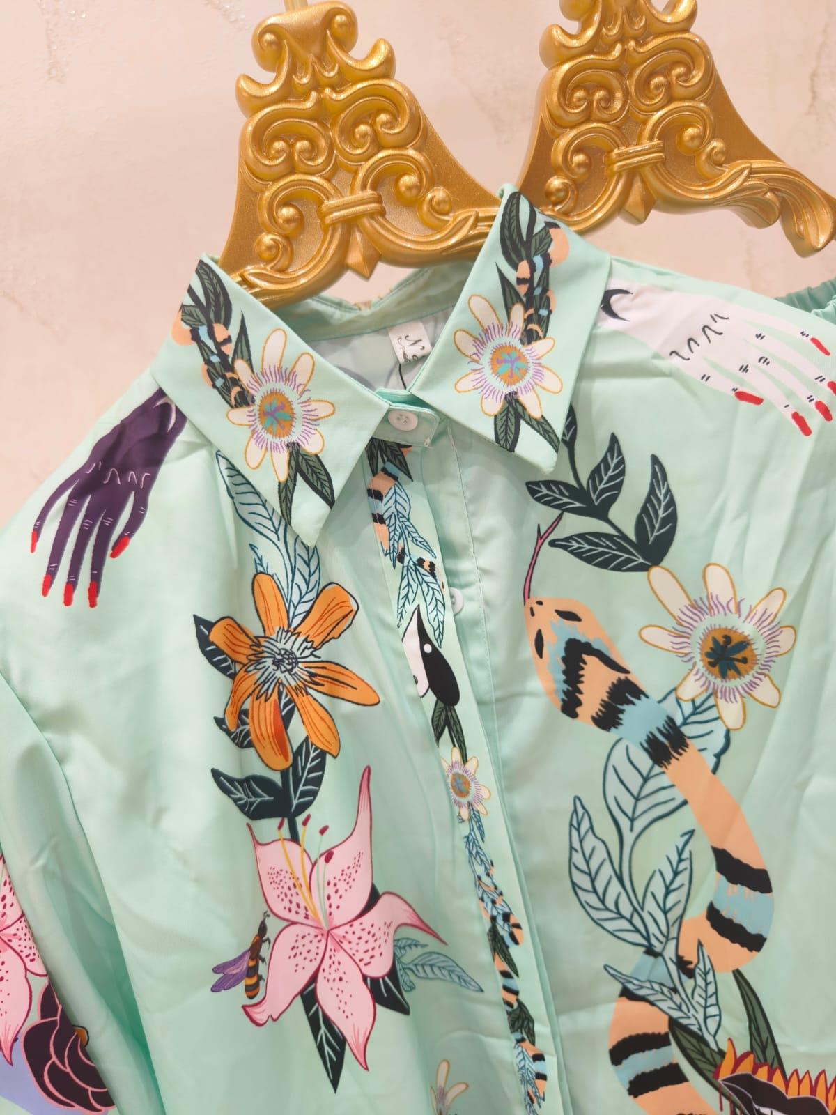 Graffiti Print Satin Short Sleeve Shirt & Pant Coord Set