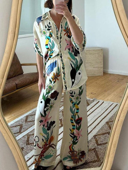 Graffiti Print Satin Short Sleeve Shirt & Pant Coord Set