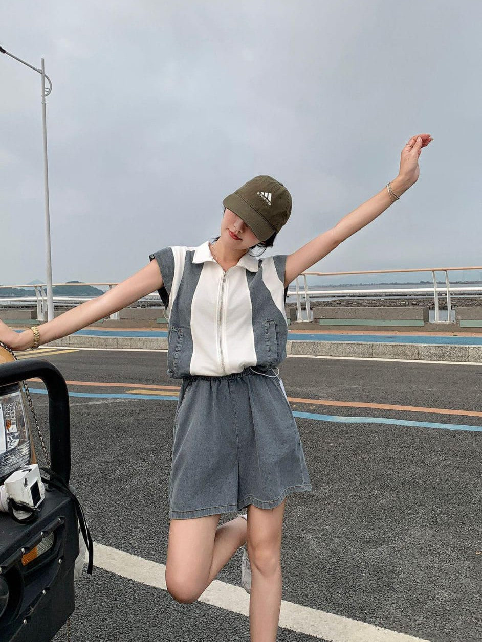 Cotton Denim Top & Shorts Coord Set