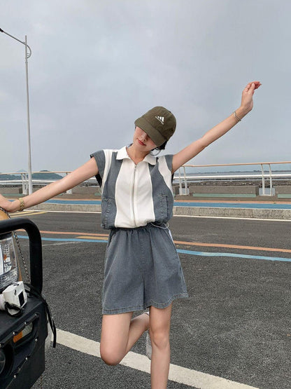 Cotton Denim Top & Shorts Coord Set