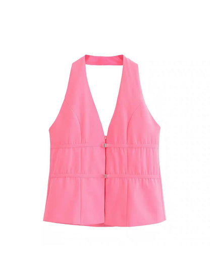 Halterneck V Neck Backless Top