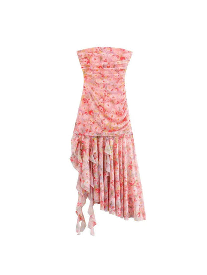 Tie Dye / Floral Print Tube Frill Dress