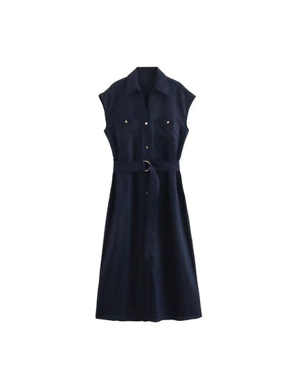 Sleeveless Pocket Shirt Dress With Belt