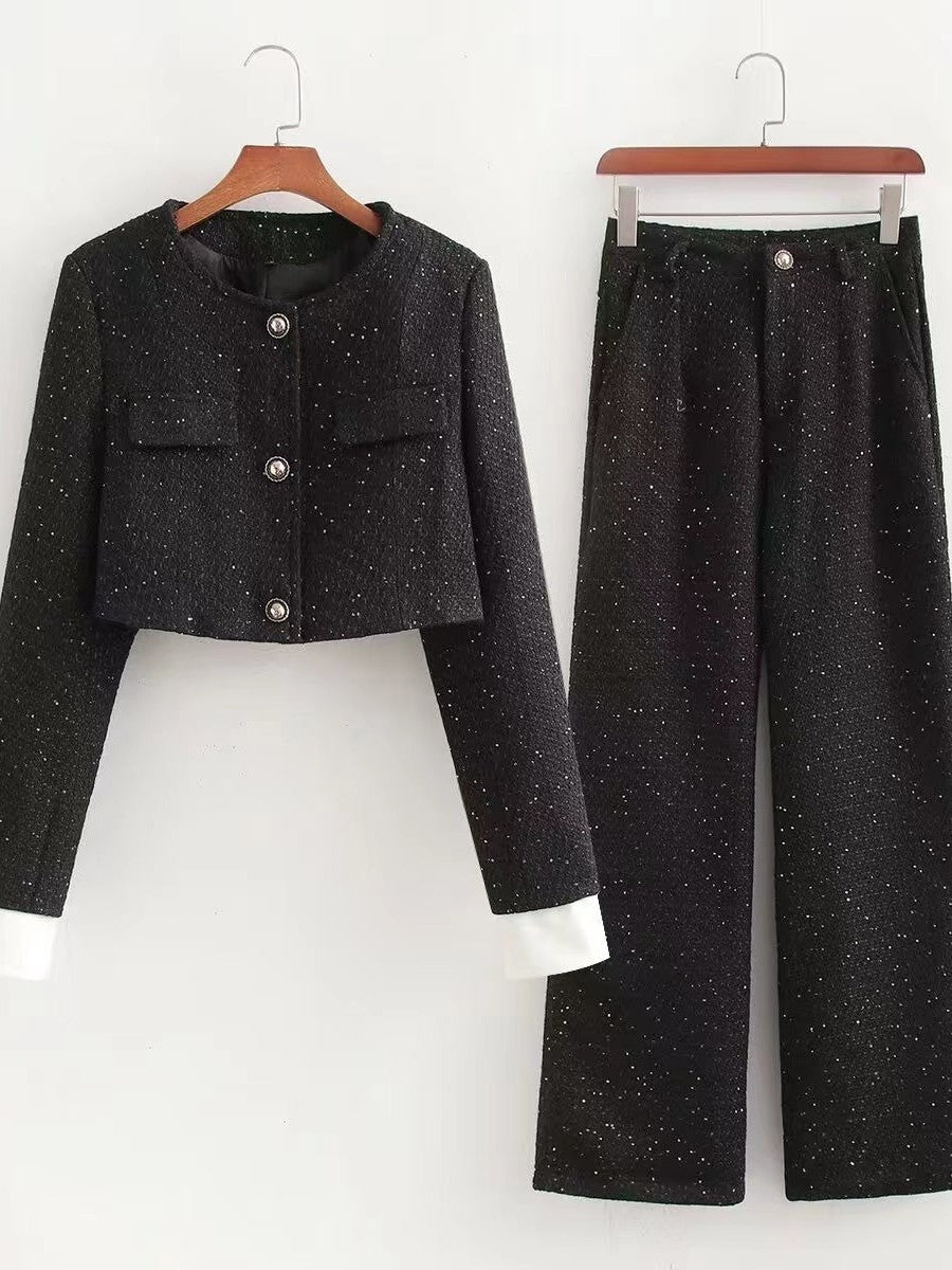 Tweed Sequins Crop Coat & Wide Leg Pant Coord Set