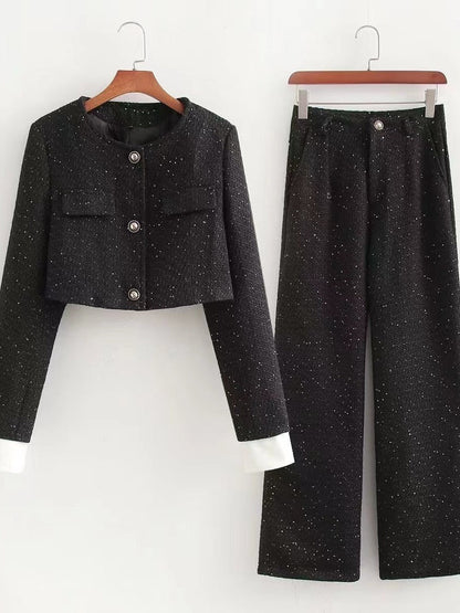 Tweed Sequins Crop Coat & Wide Leg Pant Coord Set