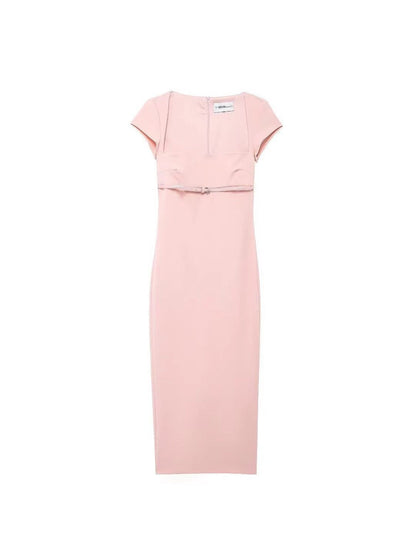 Araya Square Neck Short Sleeves Belted Slit Midi Dress