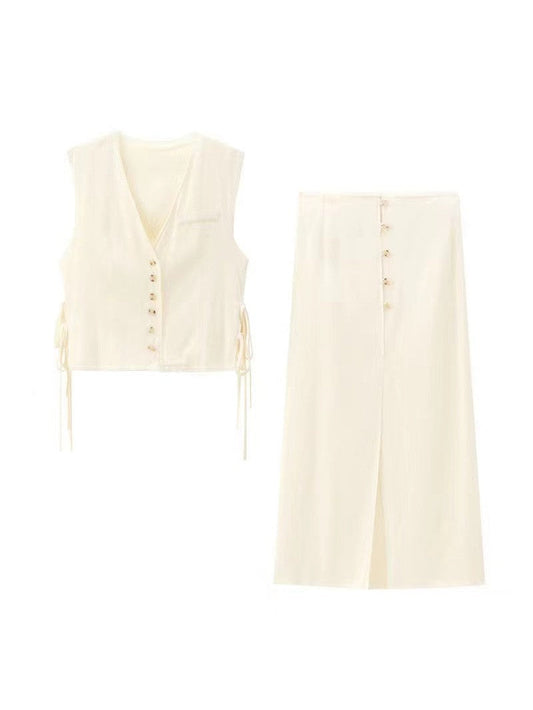 V Neck Side Tie Vest And Slit Button Skirt Coord Set