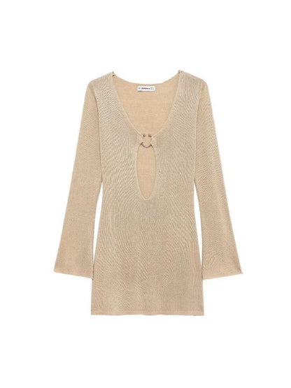 Long Sleeves Deep Neck Cutout Short Dress
