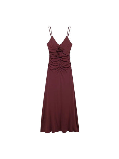 Spaghetti Srap Flower Applique Ruched Maxi Dress