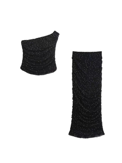 Rhinestone Ruched Long Skirt & One Shoulder Top Coord Set