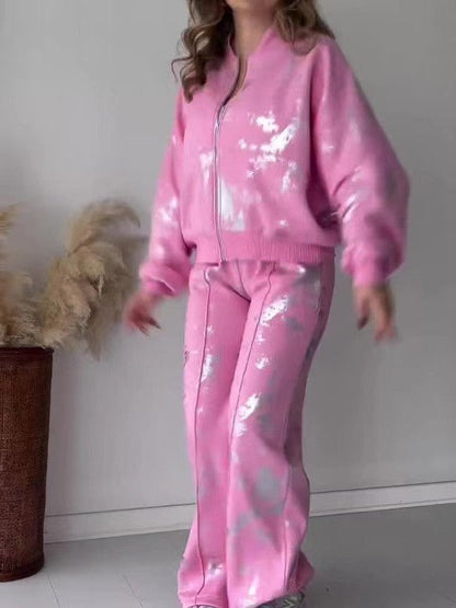 Metallic Patch Long Sleeves Zipper Coat & Trouser Pant Coord Set