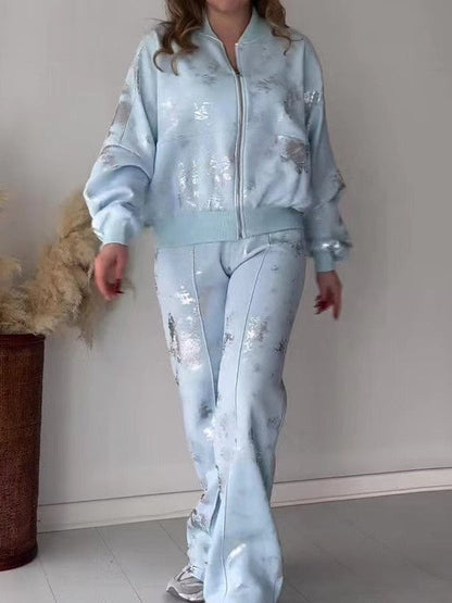 Metallic Patch Long Sleeves Zipper Coat & Trouser Pant Coord Set