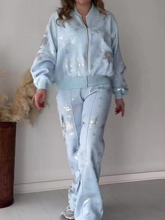 Metallic Patch Long Sleeves Zipper Coat & Trouser Pant Coord Set