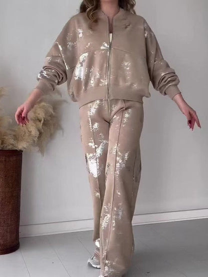 Metallic Patch Long Sleeves Zipper Coat & Trouser Pant Coord Set