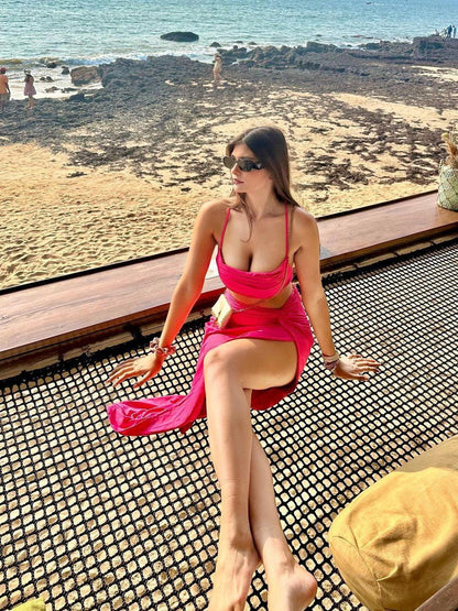 Ruched Spaghetti Strap Crop Top & High Slit Skirt Coord Set