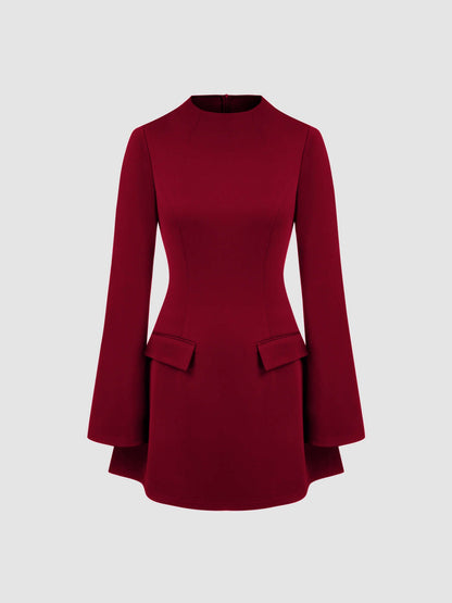 High Neck Solid Long Sleeve Mini Dress