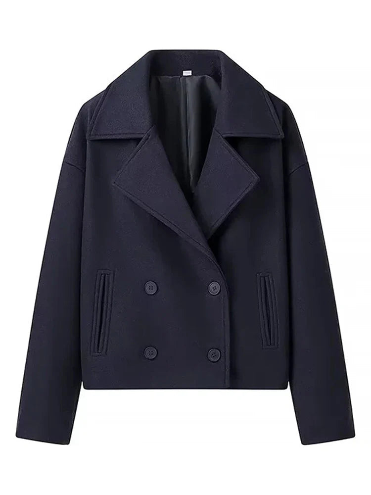 Wool Blend Lapel Double Breasted Long Sleeve Coat