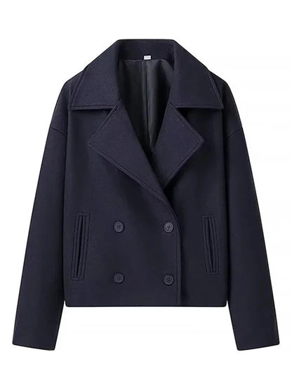 Wool Blend Lapel Double Breasted Long Sleeve Coat