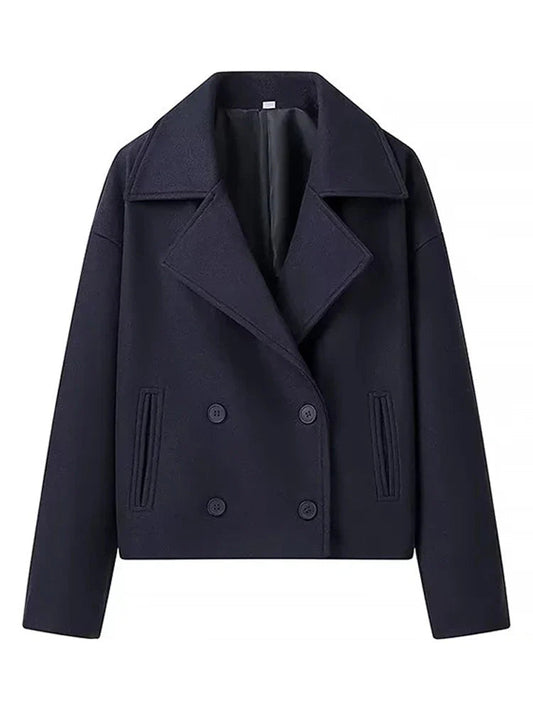 Wool Blend Lapel Double Breasted Long Sleeve Coat