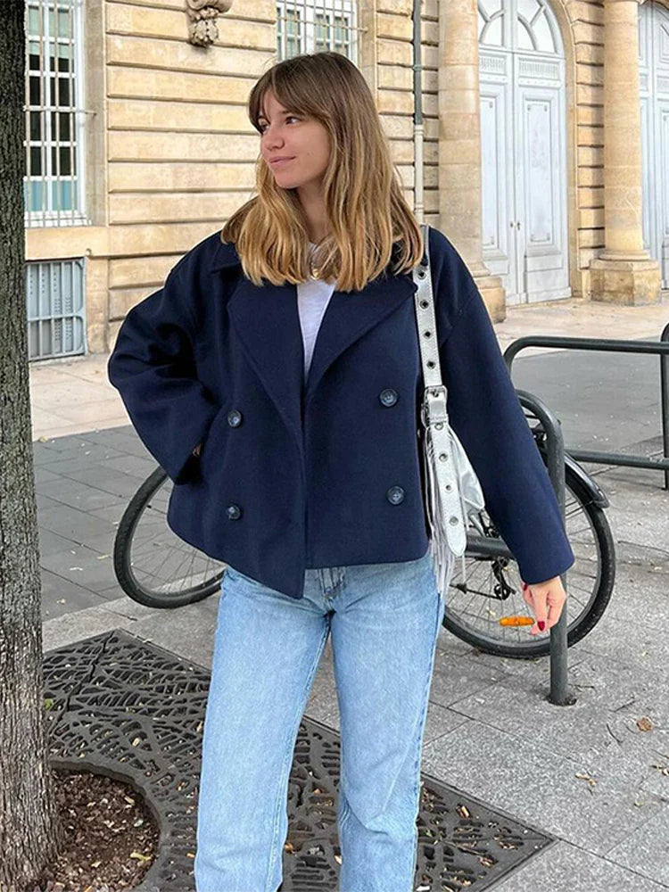 Wool Blend Lapel Double Breasted Long Sleeve Coat