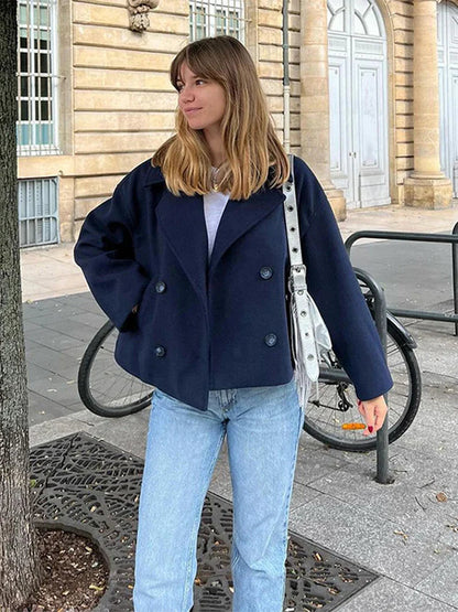 Wool Blend Lapel Double Breasted Long Sleeve Coat