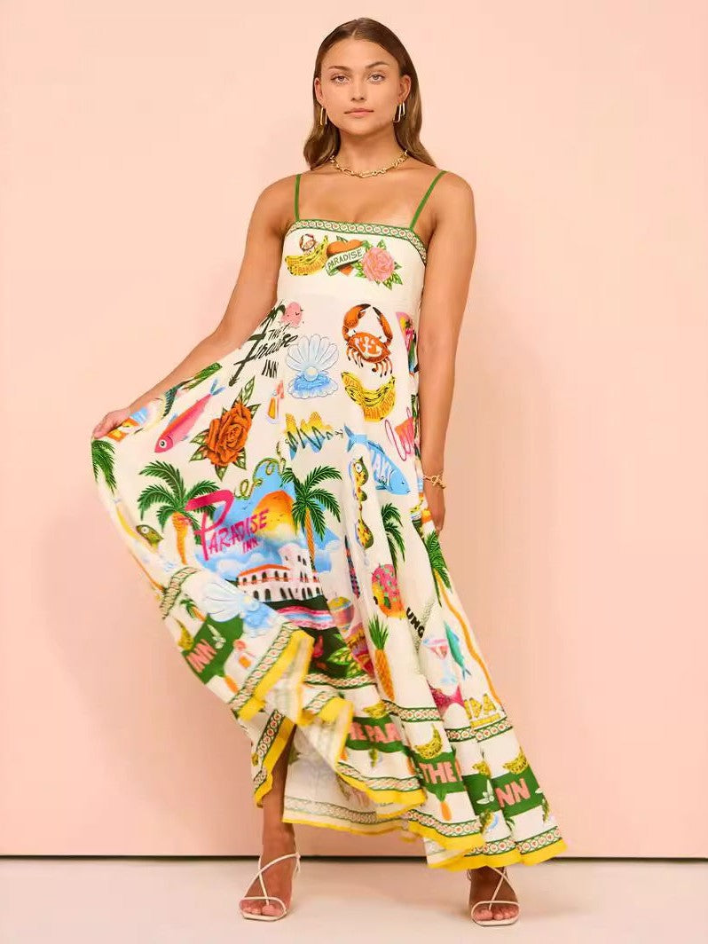 Paradise Graffiti Print Swing Sundress Beach Dress
