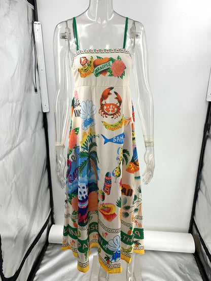 Paradise Graffiti Print Swing Sundress Beach Dress