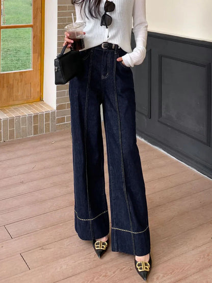 Elegant Style Wide Leg Denim Jeans