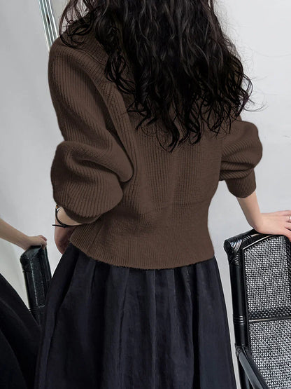 Single Breasted Patchwork V-neck Button Sweater