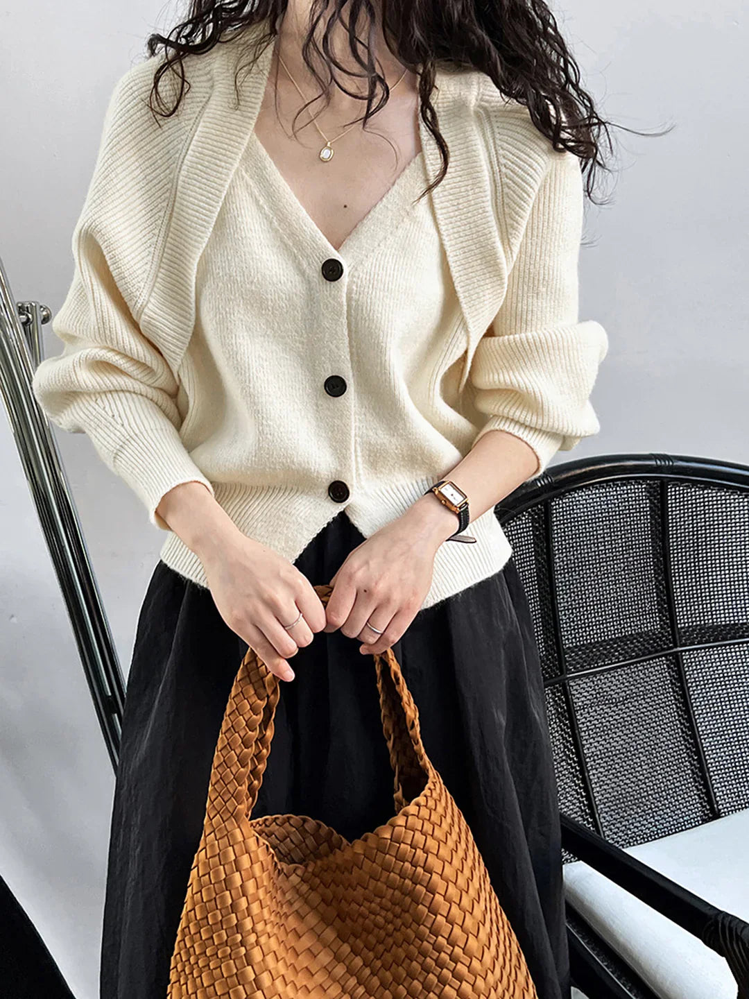 Single Breasted Patchwork V-neck Button Sweater