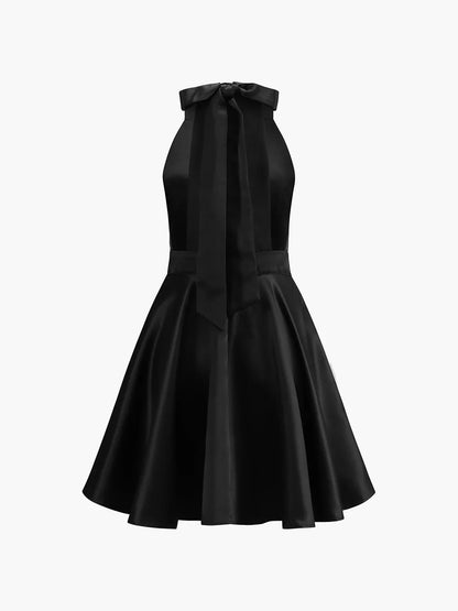 Satin Knotted Double Pockets Open Back Pleated Mini Dress