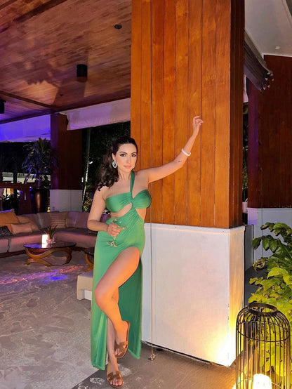 Bandeau Twist One Shoulder Backless Split Maxi Dress