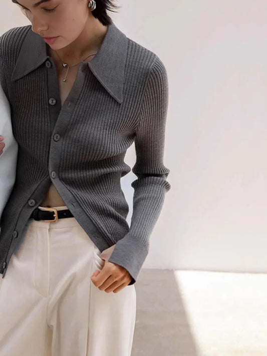 Oldmoney Style Ribbed Lapel Slim Cardigan
