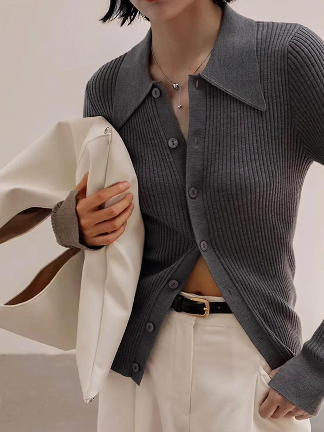 Oldmoney Style Ribbed Lapel Slim Cardigan