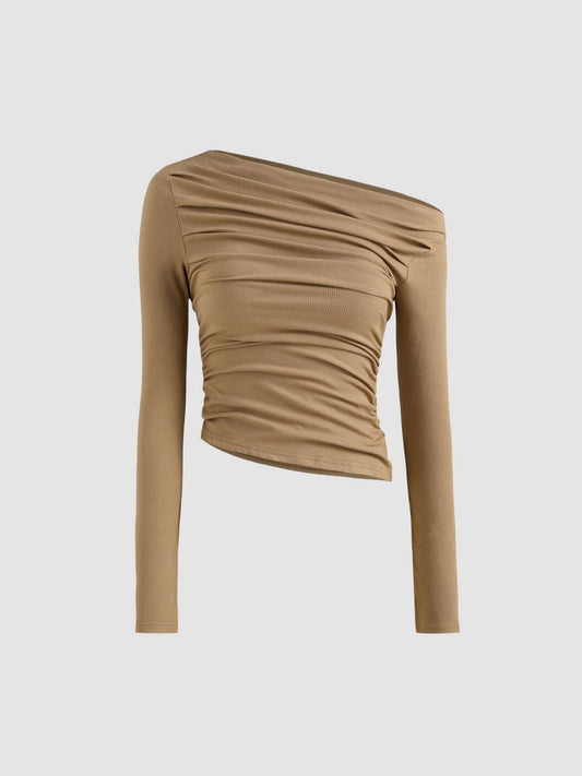 Solid Asymmetrical Neck Long Sleeve Top