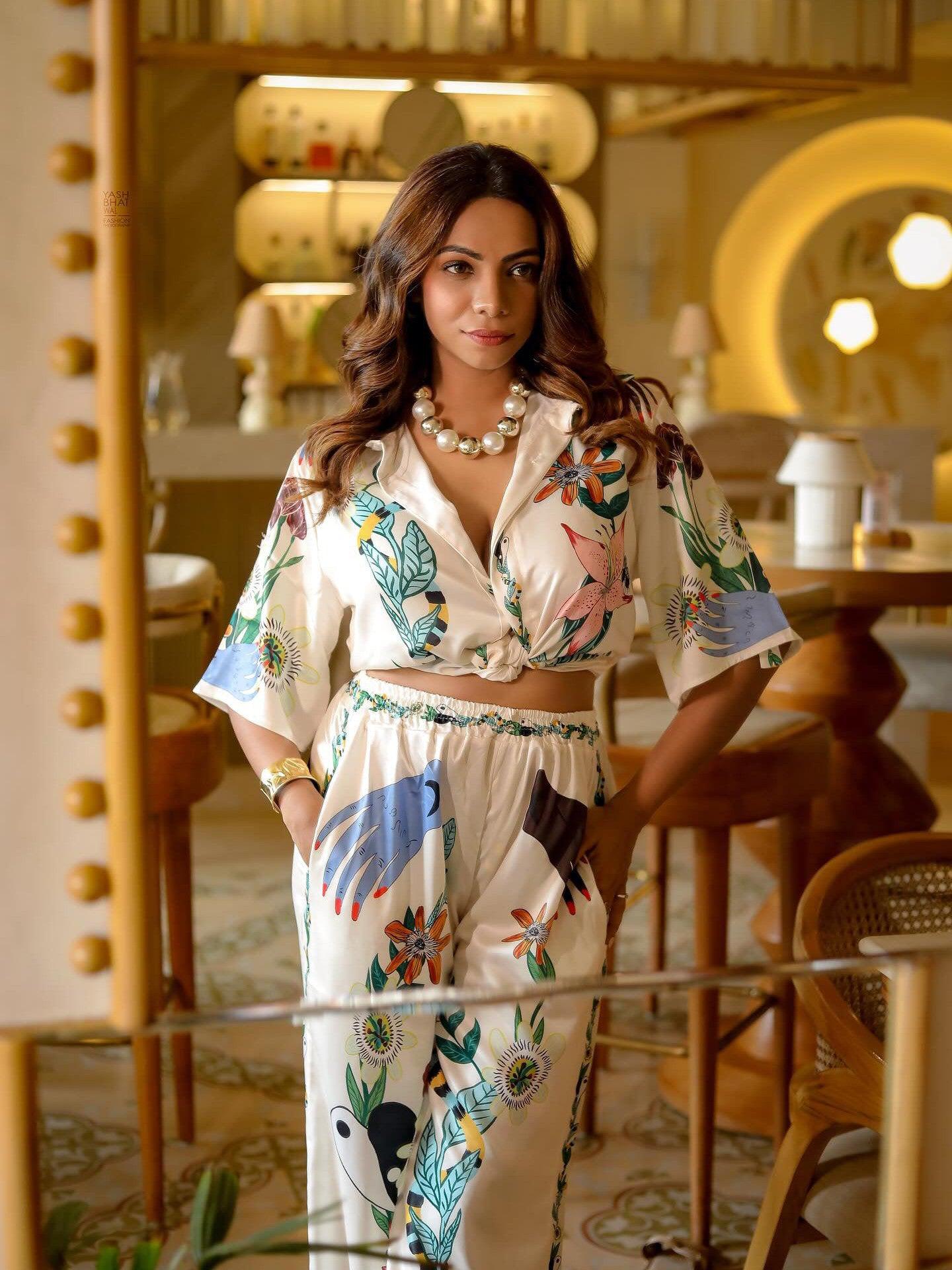 Graffiti Print Satin Short Sleeve Shirt & Pant Coord Set