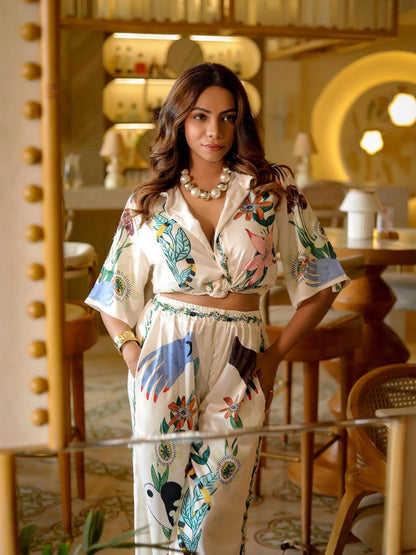 Graffiti Print Satin Short Sleeve Shirt & Pant Coord Set