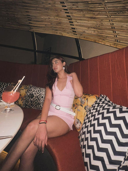 Pink Halterneck Waist Coat & Skort Skirt Coord Set