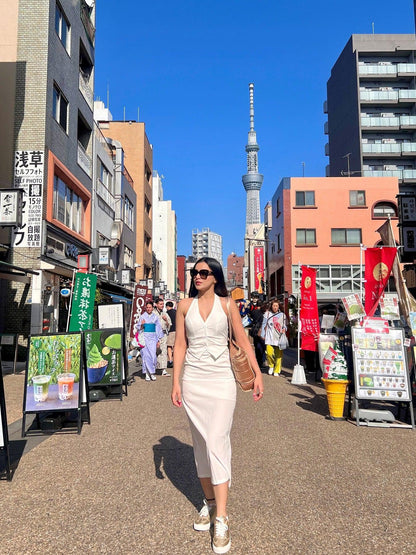 V Neck Halterneck Top & Low Waist Slit Skirt Coord Set