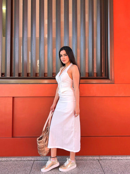 V Neck Halterneck Top & Low Waist Slit Skirt Coord Set