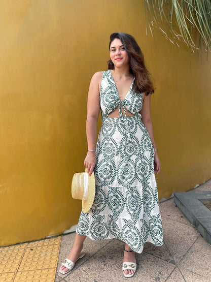 Embroidered Crochet Cutout Knotted Maxi Dress