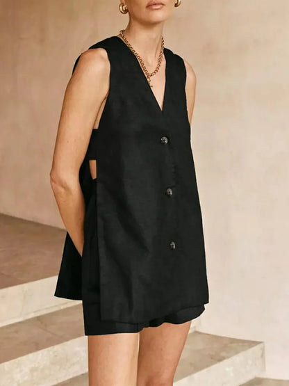 V-neck Sleeveless Vest & High-waisted Shorts Matching Set