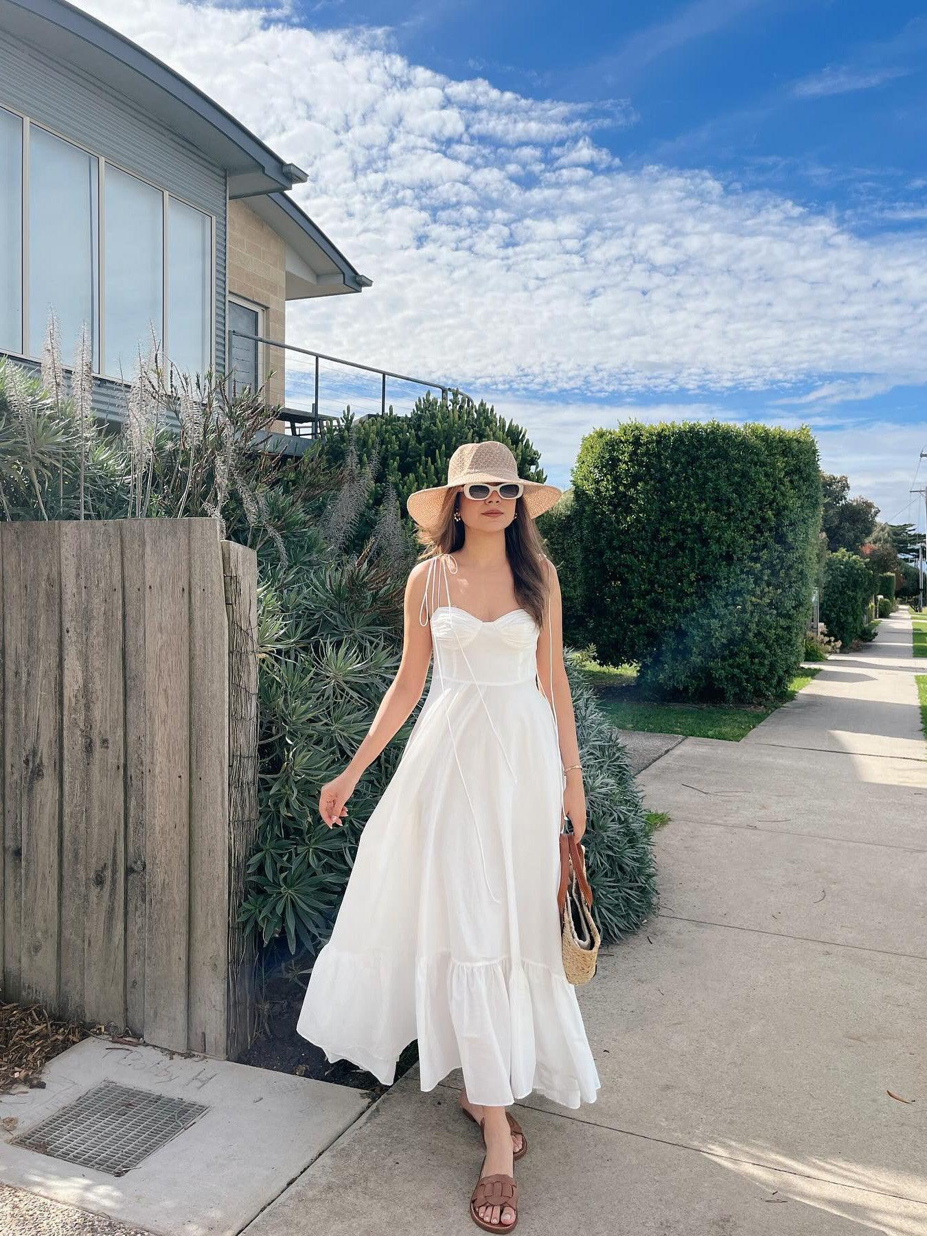 Tied Spaghetti Strap Corset Flare Maxi Dress