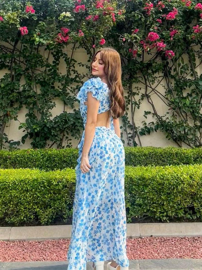 Floral Print Hollow Out Cutout Deep V Plunge Ruffled Backless Dress