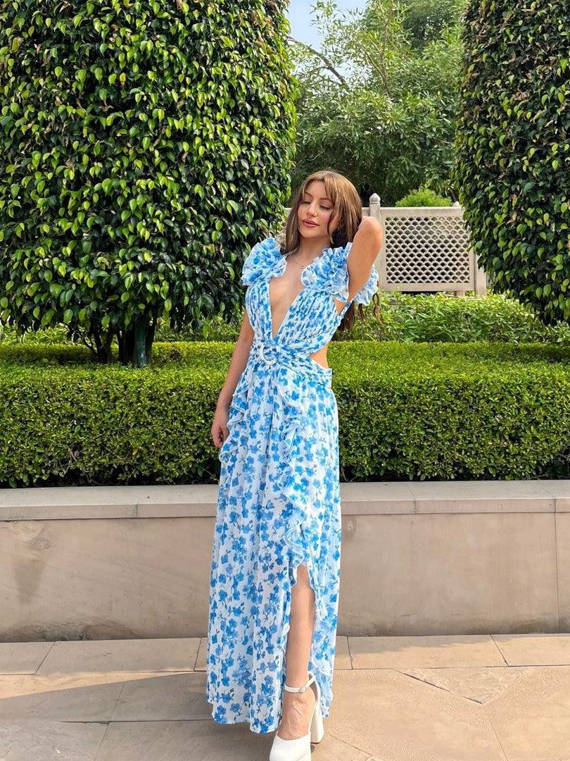 Floral Print Hollow Out Cutout Deep V Plunge Ruffled Backless Dress